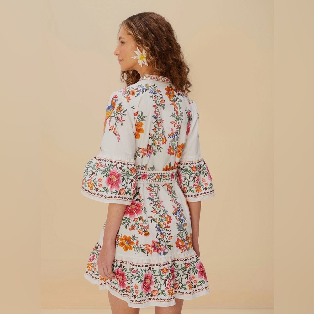 FARM Rio White Floral Embroidered Mini Dress with Pink & Orange Accents - Picture 3 of 7